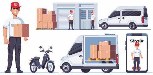 vector flat style character sheet of full body front back side and profile view of man with red cap, wearing shirt holding a delivery box in his hand , next to a bike motorcycle, van car