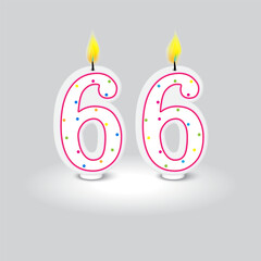 Birthday candle numbers 66. Gradient light top. Colorful dots. Vector illustration.