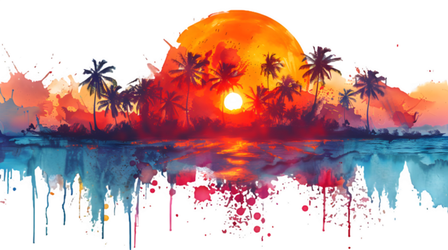Sunset from a beach made from paint splash isolated on a transparent background, PNG, Ai