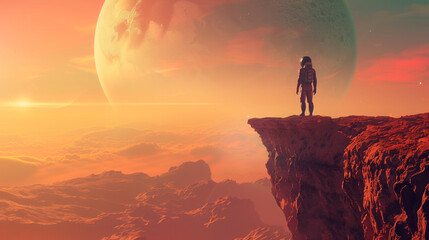 alien is standing on the edge of a cliff, overlooking the landscape with arms on his sides, copy space