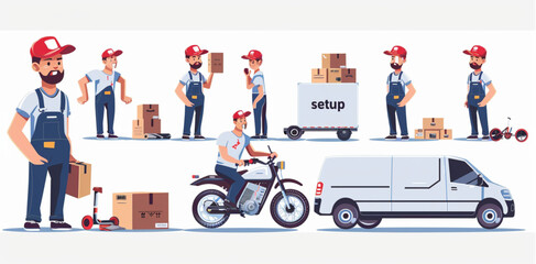 vector illustration of multiple poses and expressions front side back profile illustrations set for animation character delivery man with red cap