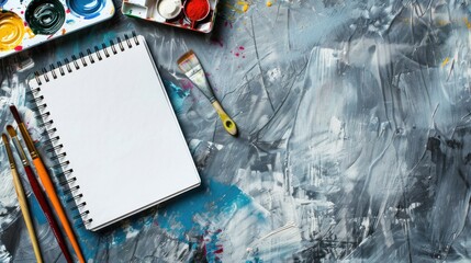 Different objects, related to painting and drawing. Empty notebook on concrete background. Top view