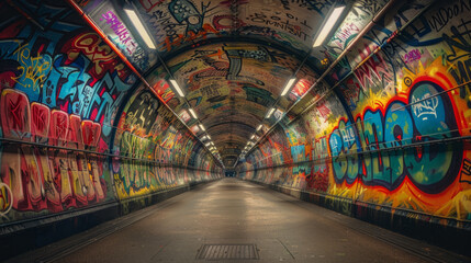 urban art installation, subterranean passage transformed into a vibrant graffiti hub, adorned with elaborate patterns and vivid hues spanning endlessly