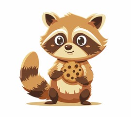 Simple, flat illustration of an adorable raccoon clutching a cookie, with space for text.For a children's book cover or print design.