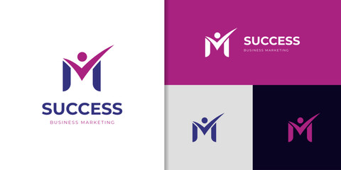 initial letter M with business success People Check Logo design for corporate identity, brand, company logo element