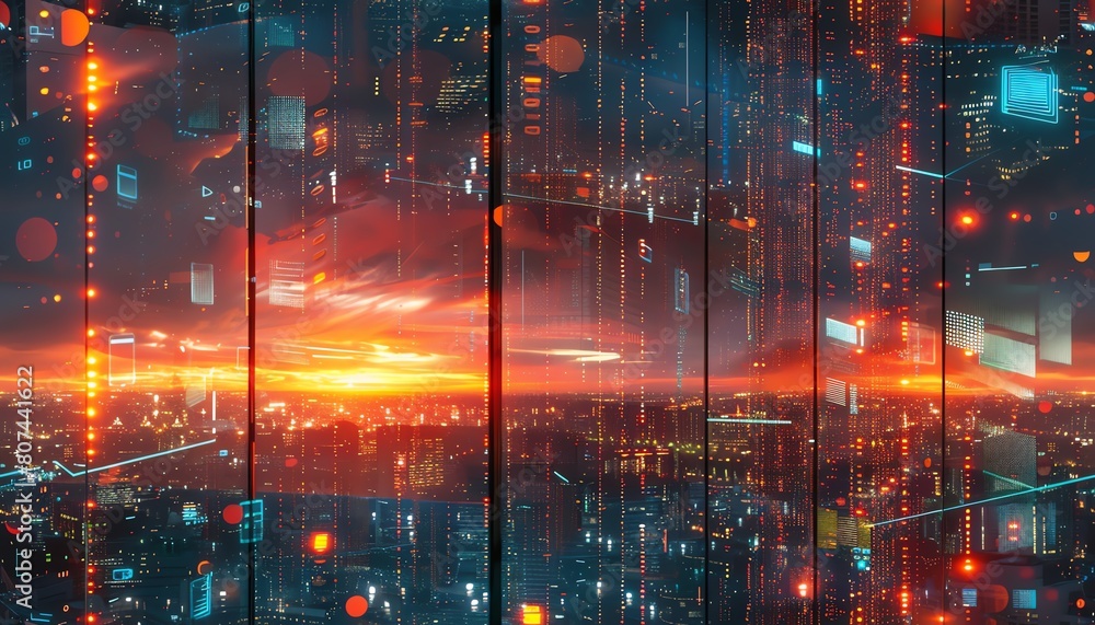 Poster capture a high-angle view of a dystopian cityscape with futuristic holographic technologies integrat