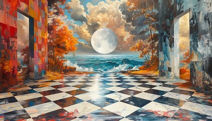 Craft a captivating oil painting featuring a birds-eye view of a biographical scene in virtual reality, highlighted by unexpected camera angles capturing intricate details and emotions