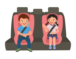 Cute little kids sitting in car seat putting seat belt for safety