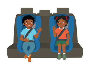 Cute little African kids sitting in car seat putting seat belt for safety