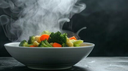 Steaming vegetables, carrots, broccoli, cauliflower in white bowl. Hot, healthy food on table against black background