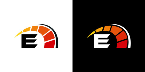 Letter E racing logo, with logo speedometer for racing, workshop, speed