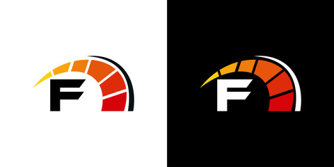 Letter F racing logo, with logo speedometer for racing, workshop, automotive