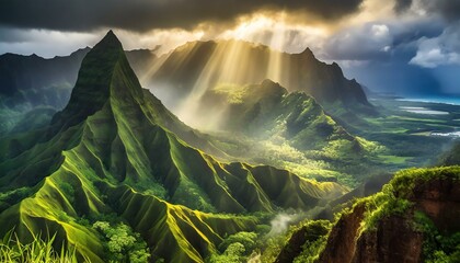 Sunrise Mist on Mountains in Tropical Kauai, Hawaii