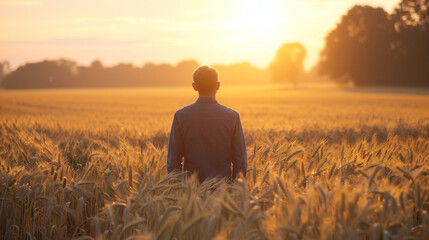 A man standing in a wheat field during the colorful hues of a sunset