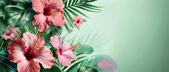 Exotic hibiscus flowers and tropical leaves on white background. Summer fashion.
