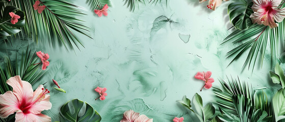 Colorful hibiscus flowers and tropical leaves on white background. Hello summer fashion ad template.