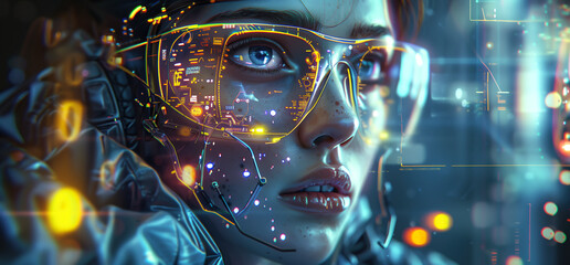 A woman wears digital glasses and gazes at a holographic display. Futuristic technology and innovation. Generative AI.