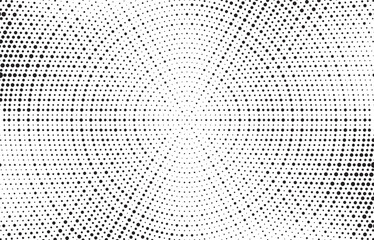Radial halftone dots. Spotted and dotted stains gradient background. Concentric comic texture with fading effect. Black and white rough gritty wallpaper. Grunge monochrome geometric backdrop. Vector