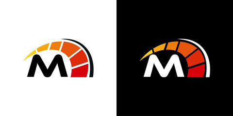 Letter M racing logo, with logo speedometer for racing, workshop, automotive