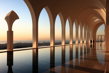 The image displays an elegant architectural structure with curved arches and a reflective pool, creating a symmetrical composition. The warm sunlight enhances the scenes aesthetic appeal