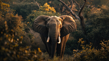 Portrait of an elephant in the forest facing forward, with trunk raised and ears wide open,...