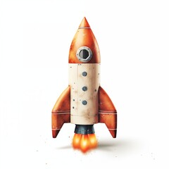 Retro-futuristic rocket with flames at takeoff isolated on a white background