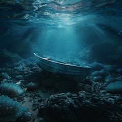 A photo of a wooden boat sitting on the bottom of the ocean floor