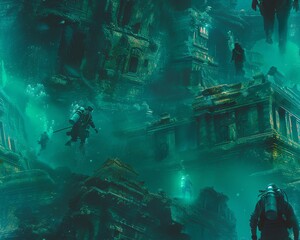 Show a group of intrepid divers exploring a submerged city with holographic guides