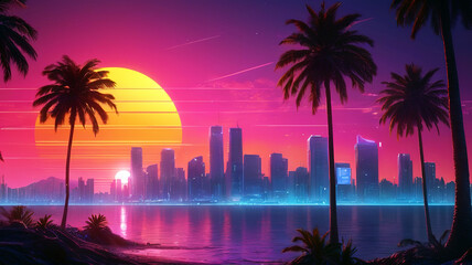 Beautiful sunset over the city with palm trees and skyscrapers