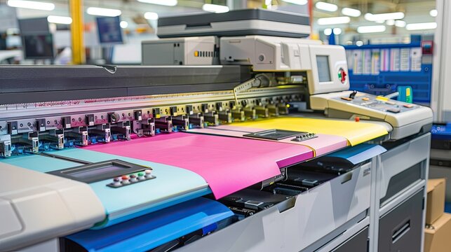 A printer with a colorful paper is in a factory. The printer is a large machine with a screen and buttons