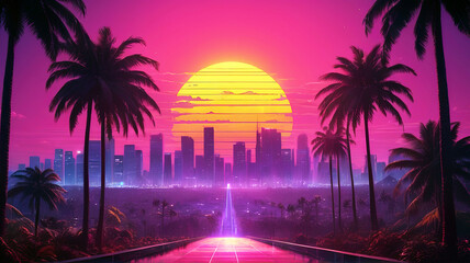 Obraz premium Sunset over the city with palm trees and road