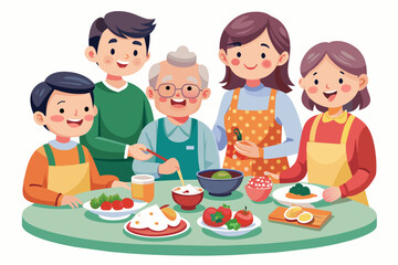 A family enjoying healthy food, a family eating healthy home-cooked food illustration