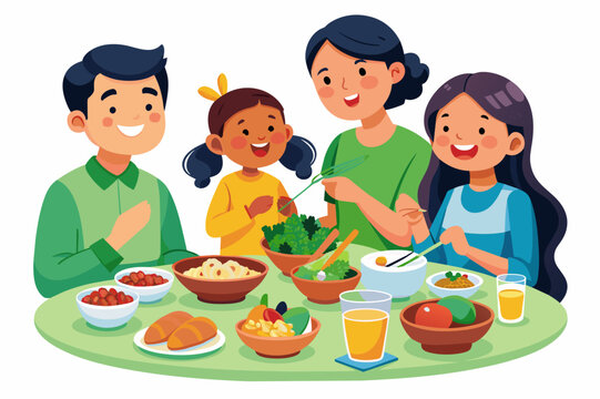 A family enjoying healthy food, a family eating healthy home-cooked food illustration