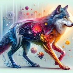 Obraz premium A wolf, minimalistic colorful organic forms, energy,asembled,leyeard, depth, alive vibrant,3d