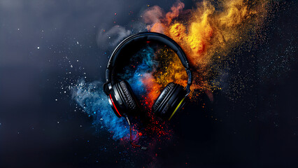 Fototapeta premium Headphones falling with colorful pigments power splash on black background.