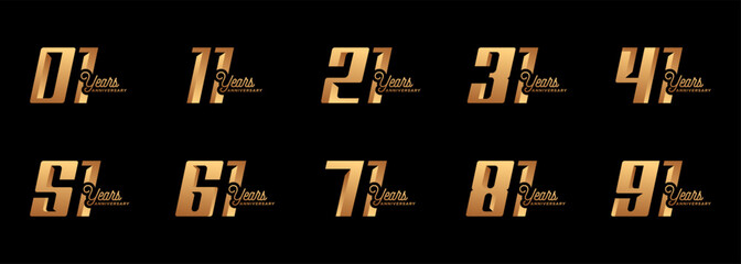 collection of anniversary logos from 1 year to 91 years with gold numbers on a black background for celebration moments, anniversaries, birthdays