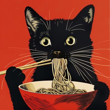 Black cat eating Chinese ramen noodles. Asian style illustration. Design poster for menu, restaurant