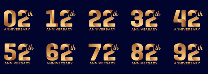collection of anniversary logos from 2 years to 92 years with gold numbers on a black background for celebratory moments, anniversaries, birthdays