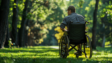 Man in wheelchair sitting alone in a in a park. 