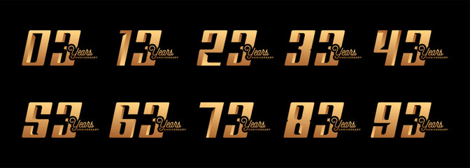 collection of anniversary logos from 3 years to 93 years with gold numbers on a black background for celebration moments, anniversaries, birthdays