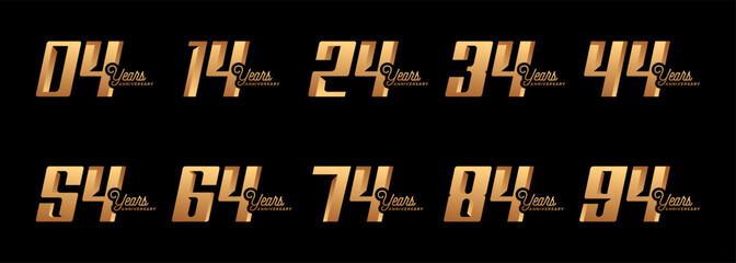 A collection of anniversary logos from 4 years to 94 years with gold numbers on a black background for celebratory moments, anniversaries, birthdays