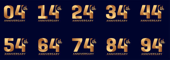 A collection of anniversary logos from 4 years to 94 years with gold numbers on a black background for celebratory moments, anniversaries, birthdays