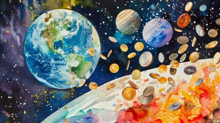 Dynamic watercolor depicting coins floating in zero gravity towards an Earth piggy bank, set against a backdrop of deep space and distant planets