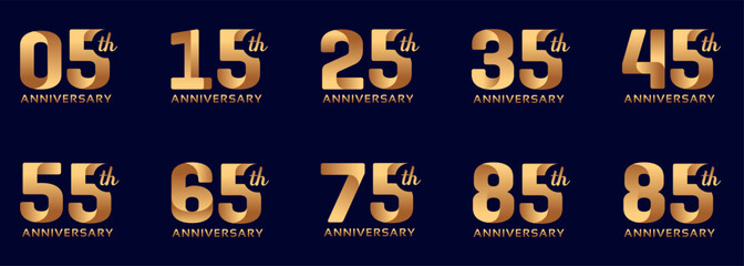 collection of anniversary logos from 5 years to 95 years with gold numbers on a black background for celebration moments, anniversaries, birthdays