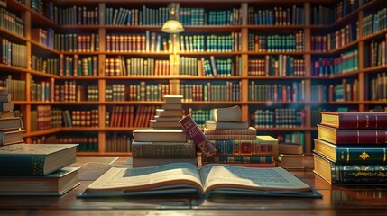 Wonderful Book in library with old open textbook, stack piles of literature text archive
