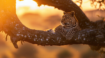 A leopard perches on an old tree trunk, looking at the camera in golden sunlight