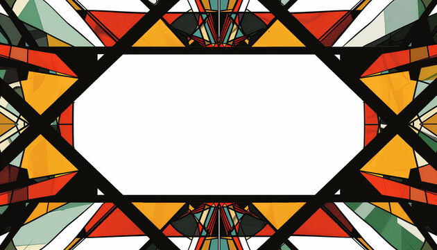 Frame in the constructivism style. Vibrant geometric shapes, intricate details, with copy space. White background.