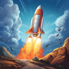Naklejka premium Dramatic Illustration of a Rocket Launching Into Space Against a Dynamic Sky