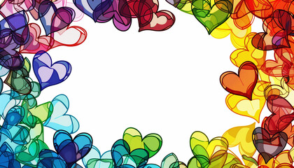 Intricate frame of rainbow-colored hearts. Illustration with white background and copy space.