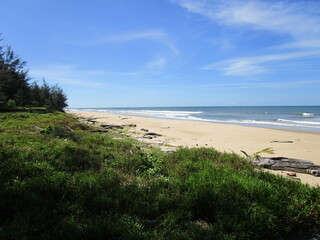 grassy shoreline, sandy beach and gentle seas under blue skies